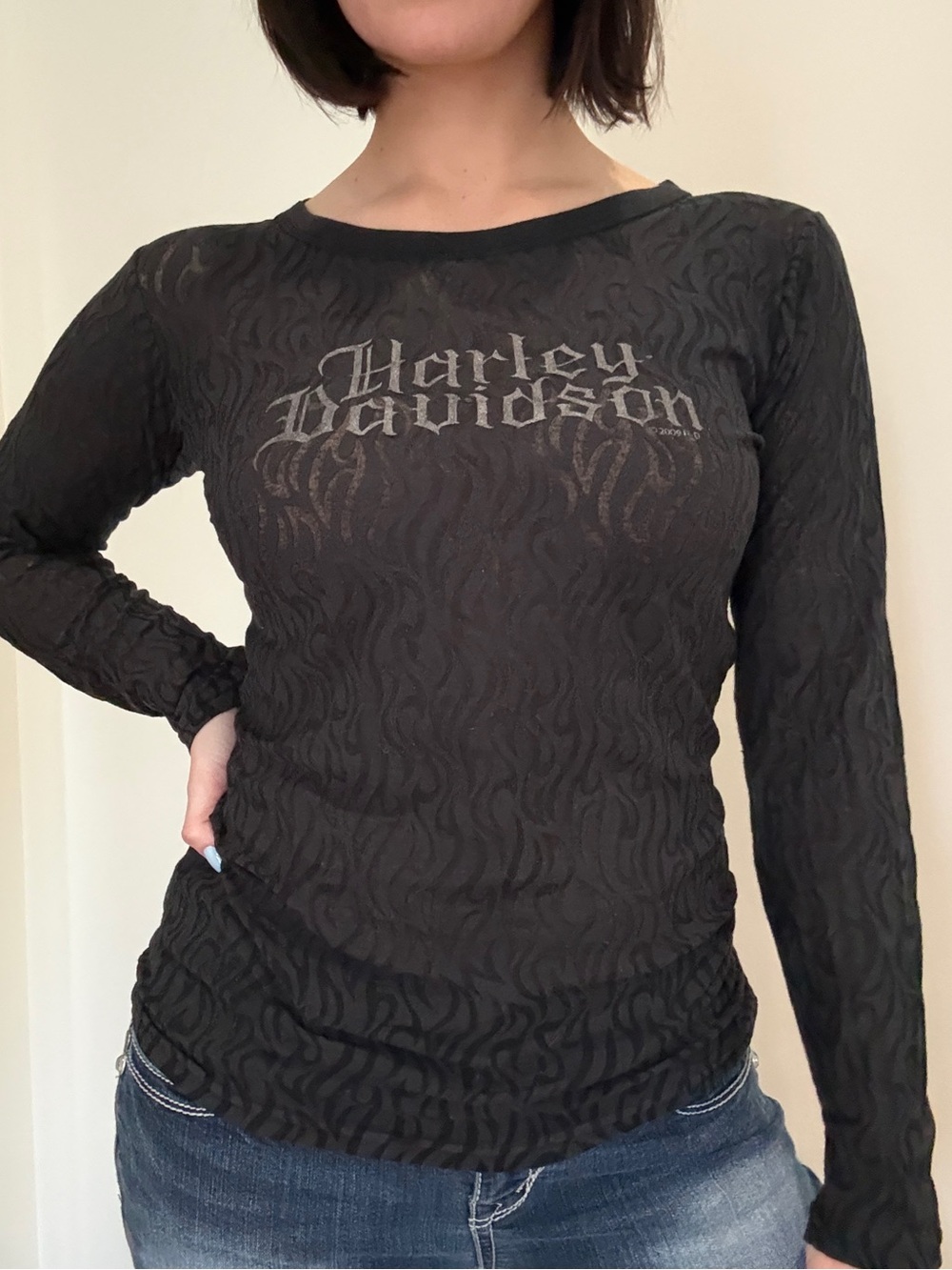Harley-Davidson Sheer Black Textured Flames Long Sleeve Logo Tee L